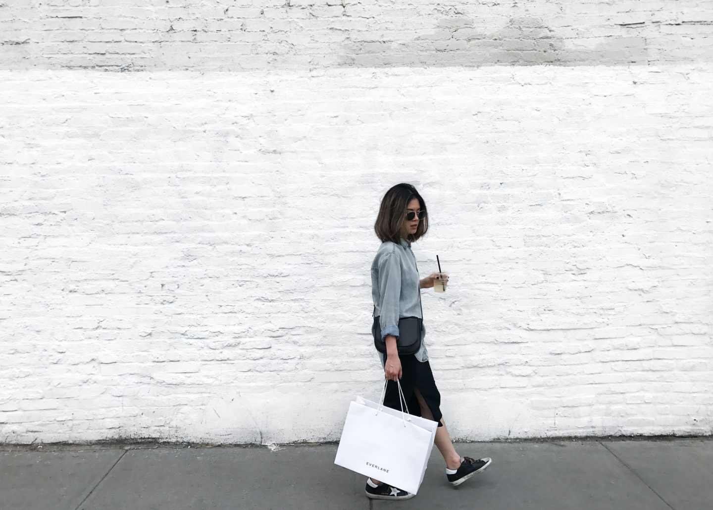 Everlane shoes, denim shirt, chambray shirt, Golden Goose sneakers