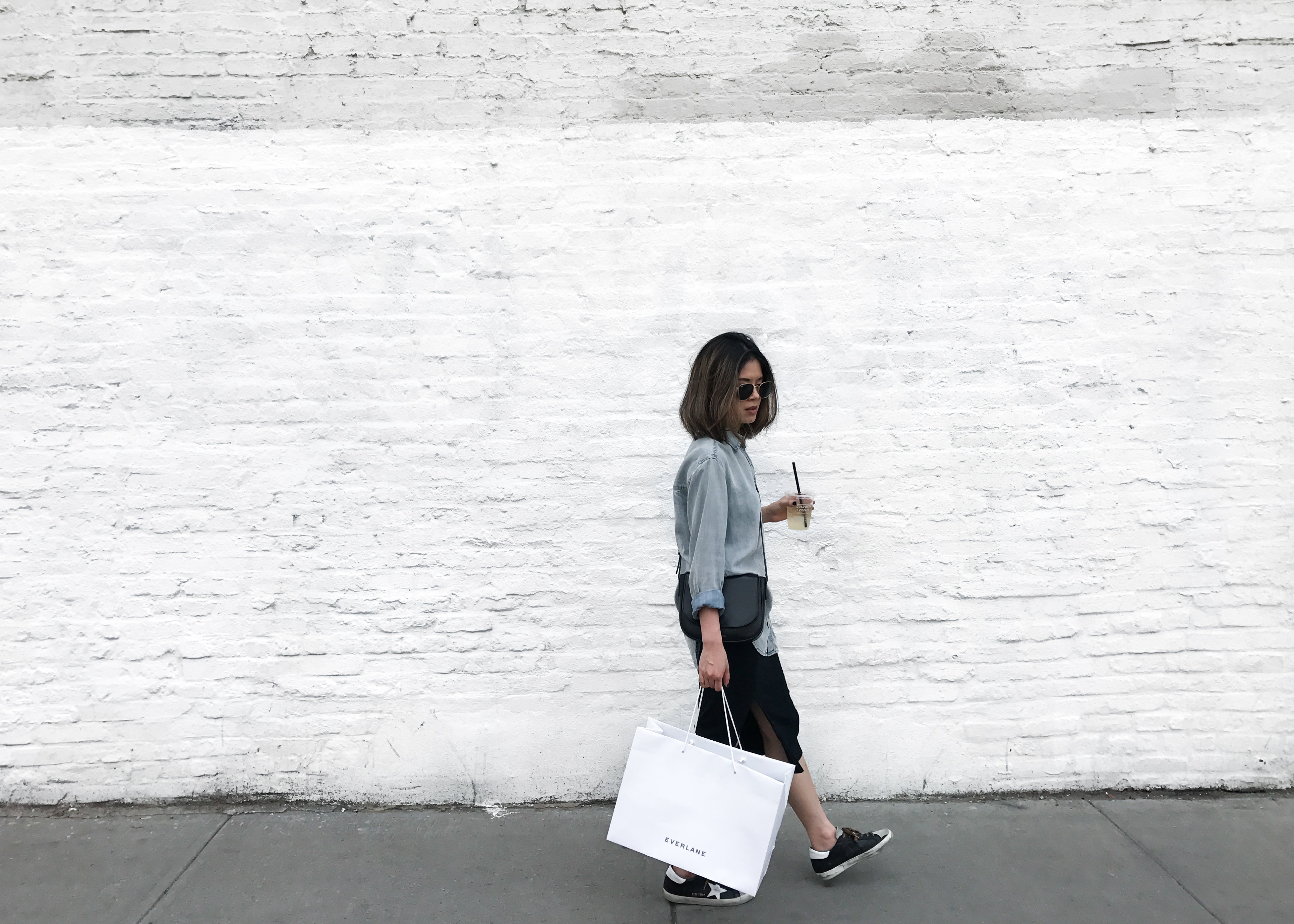 Everlane shoes, denim shirt, chambray shirt, Golden Goose sneakers