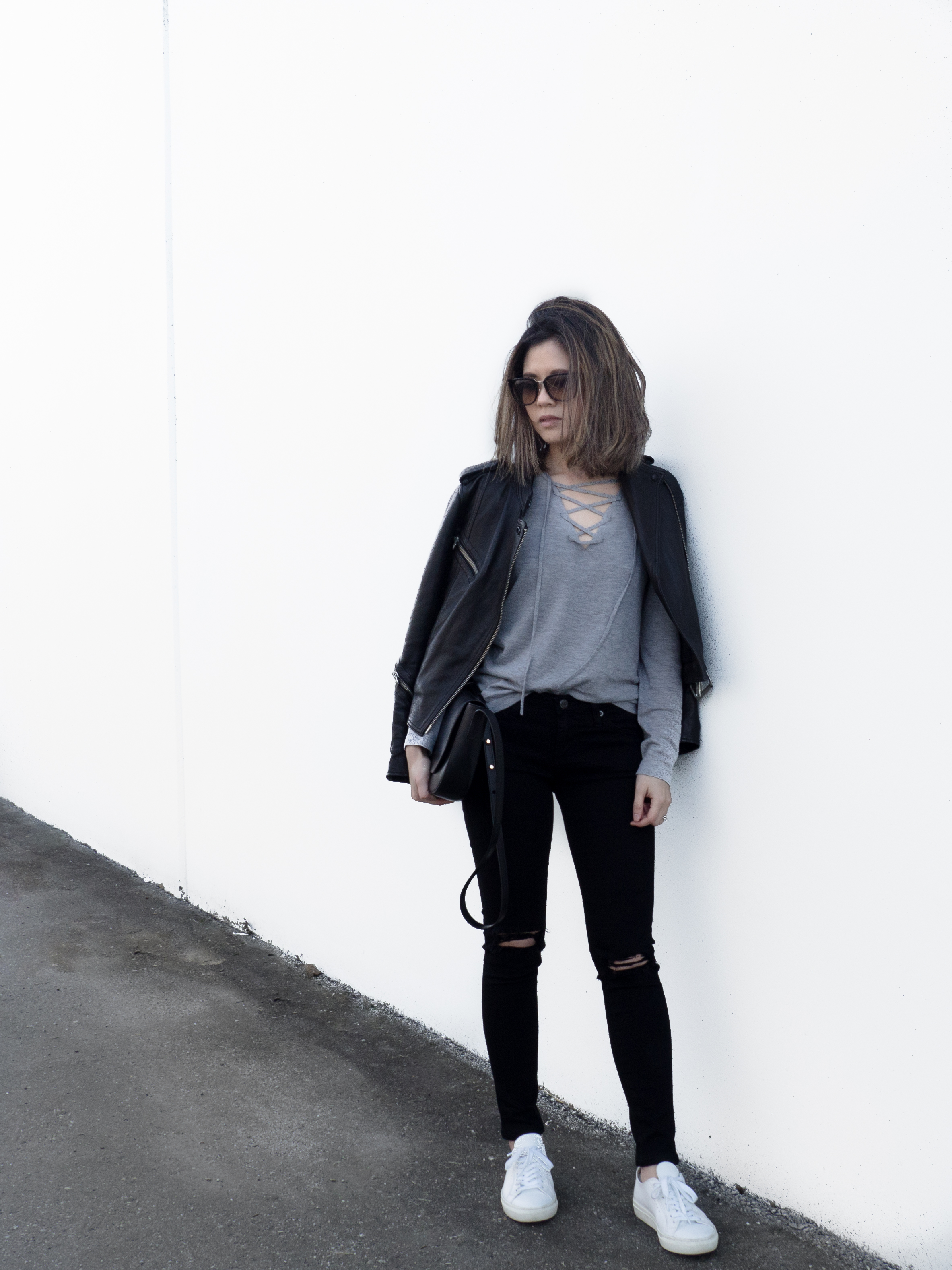 mansur gavriel black crossbody, All Saints leather jacket, baukjep sweaters