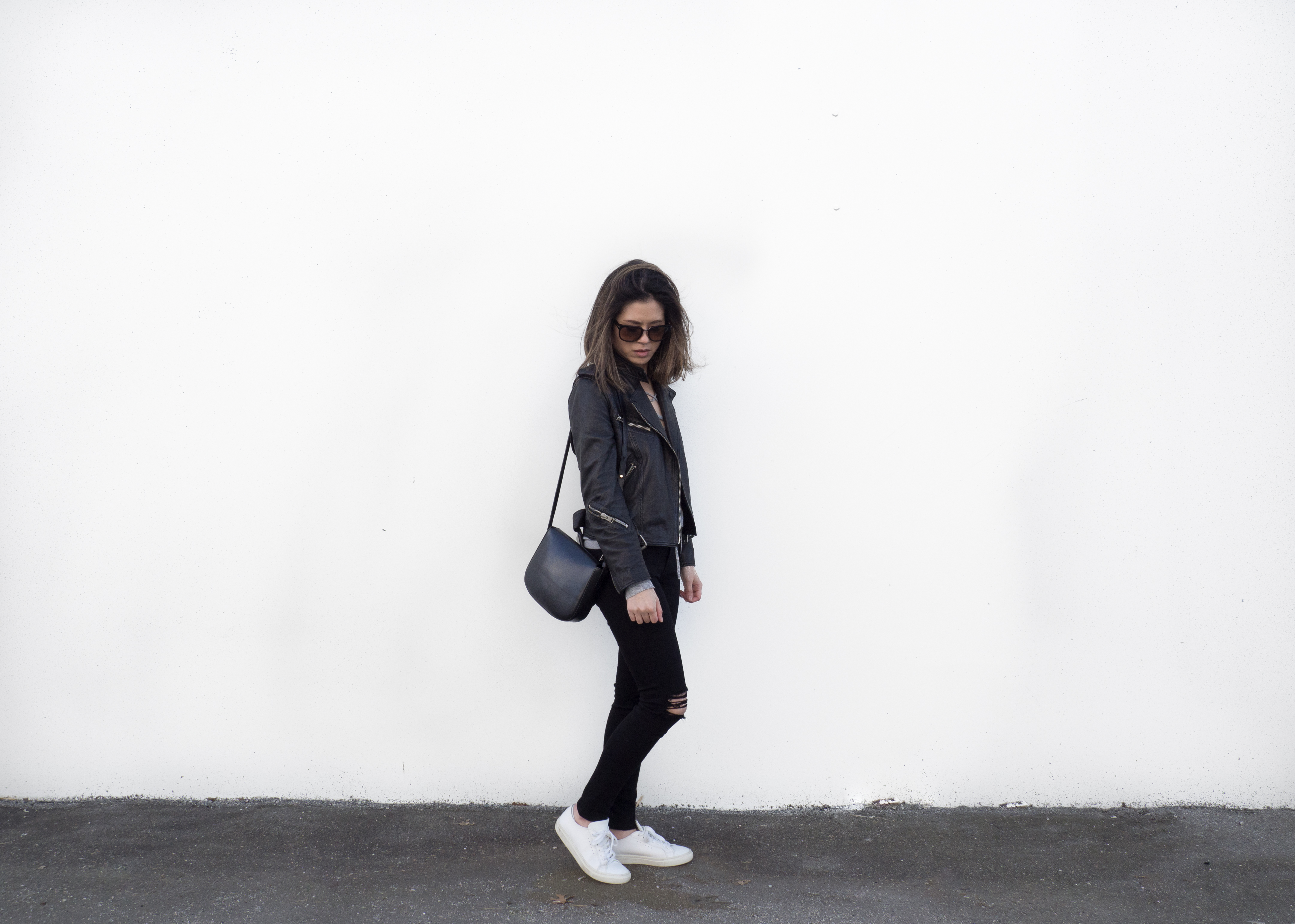 mansur gavriel black crossbody, All Saints leather jacket, baukjep sweaters